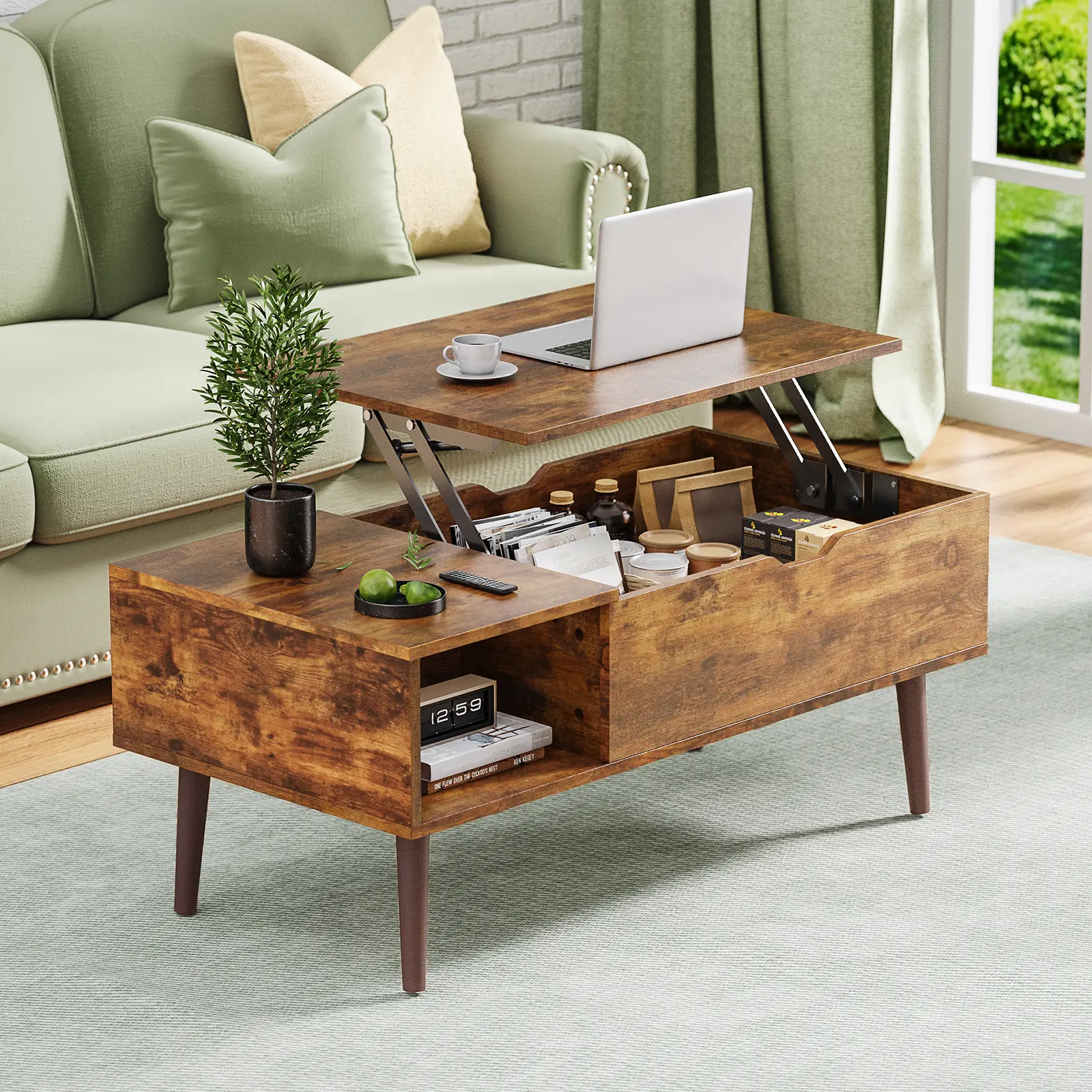 Sweetcrispy Rectangular Lift-Top Coffee Table - 39.37"l × 19.7"w × 17.4"h Durable Engineered Wood Mid-Century Modern Rustic Indoor Furniture, 200lb Capacity, Hidden Storage, Side Shelf, Metal Lift-Up Mechanism for Living Room, Dining Tables Use