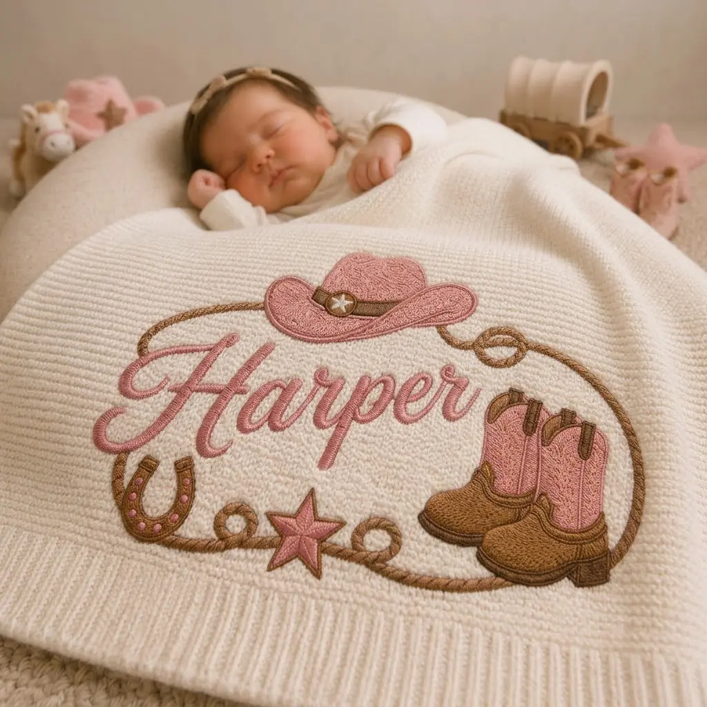 [Made-to-Order] Personalized Cowboy Cowgirl Embroidered Baby Blanket, Little Ranch Star, Custom Name Knit Blanket, Western Boots Horseshoe Hat Nursery, Baby Shower Gift