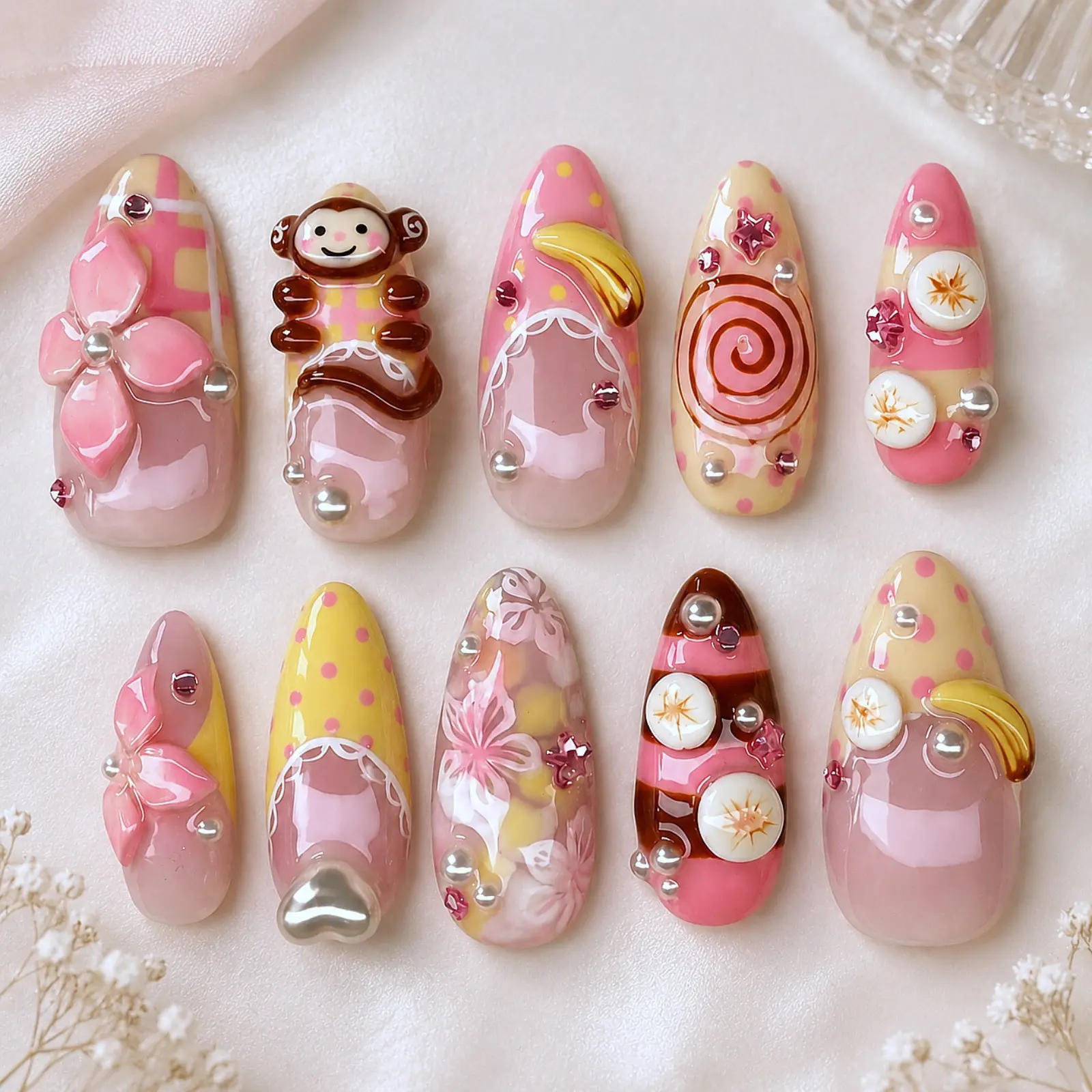 Pink Banana Monkey Press On Nails, 3D Monkey Charm, Tropical Fruit Design, Floral French Tips, Handmade Kawaii Summer Nail Set