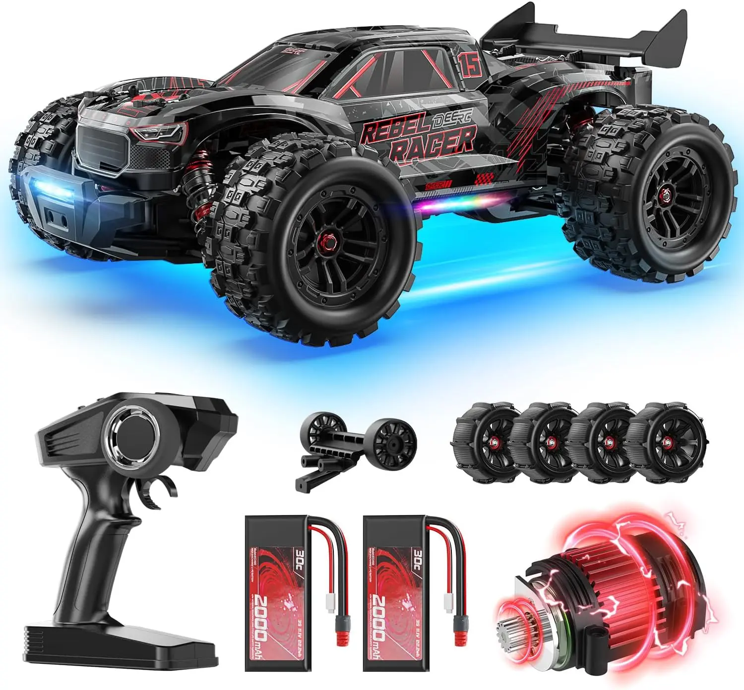DEERC 1:14 Brushless Motor RC Car, 46+ MPH Remote Controlled Car, 4WD Off-Road Waterproof Truggy, 2x3S Lipo Batteries, 7 Lighting Modes, All-Terrain for Snow, Sand