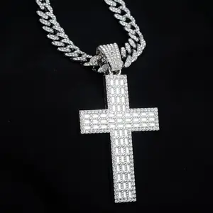 Fashionable Rectangular Zircon Cross Pendant Single Drop Necklace with Full Diamond Accents