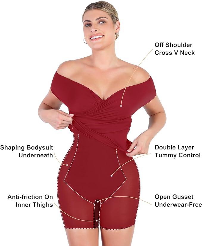 Popilush Off Shoulder V-Neck Ruched Midi Shapewear Dress