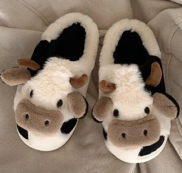 Women's Cute Cow Look Fuzzy Slip-On Slippers - Non-Slip, Soft, Breathable Cotton Fluffy Plush Ankle House Shoes, Round Toe Animal Print Footwear for Indoor Living Room, Great for Wife, Instant Smile Gifts, Breathable Slippers, Daughter, Friends