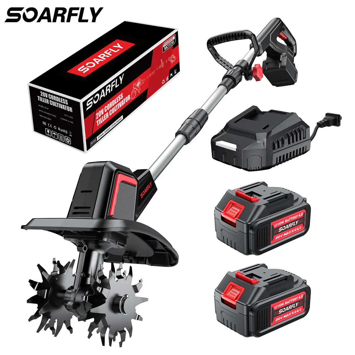 SOARFLY 20V Electric Tiller, 360 RPM, With 2×4.0AH Batteries & Charger, 9 inch Width, 6.6 inch Depth, 48 Steel Tines Rototiller for Lawn/Gardening/Soil Cultivation