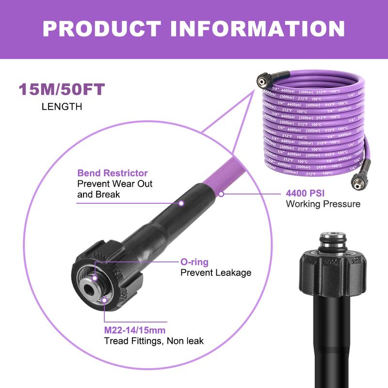 15M/50FT High Pressure Washer Hose Anti-Kink, Blue/Purple 4400 PSI Flexible Kink Resistant Power Washer Hose Replacement, 1/4" Quick Connect Pressure Hose Extension, Compatible with M22 Fittings