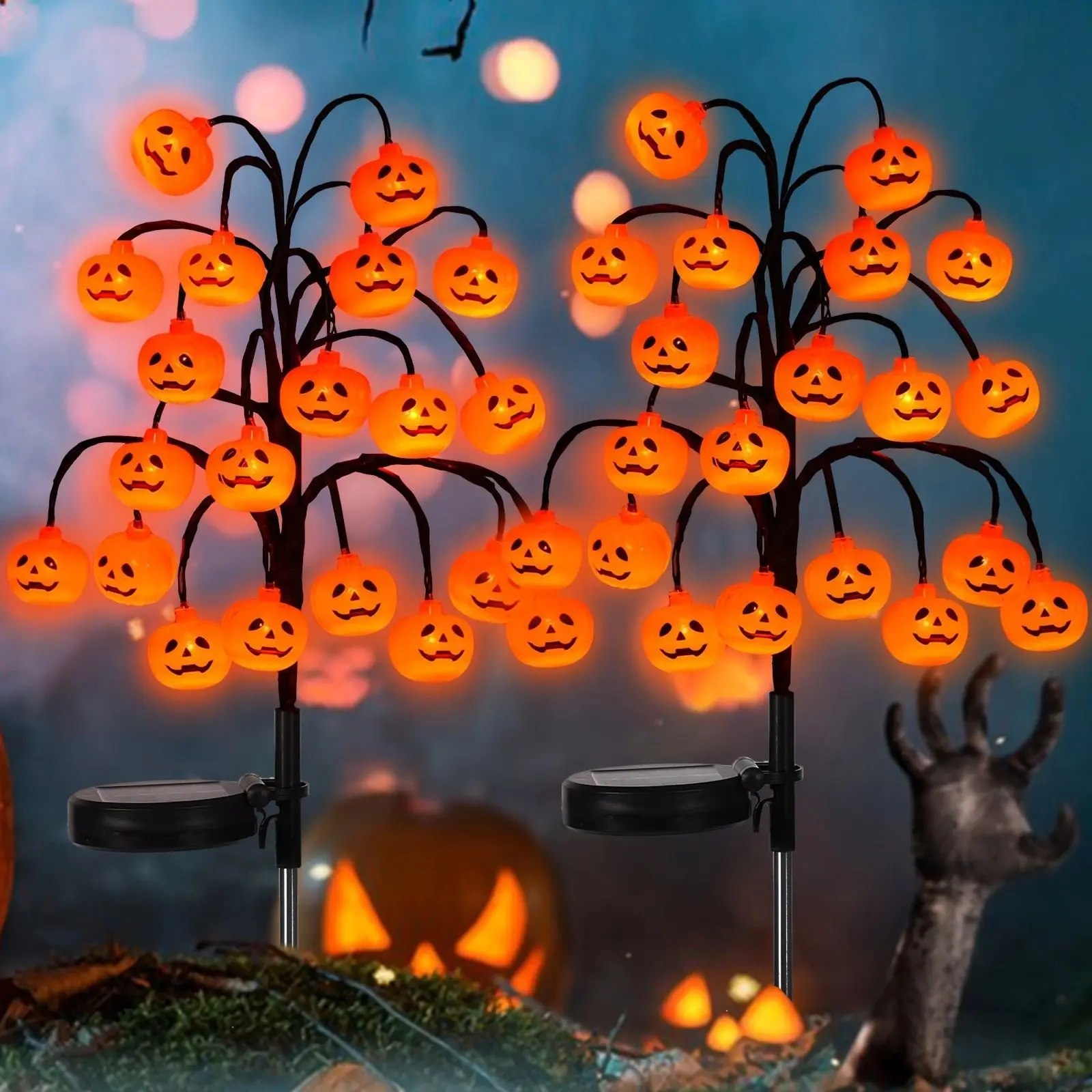 Spooky Halloween Solar Pumpkin Branch Stake Lights, Waterproof Outdoor LED Solar Outdoor Lights, Garden Pathway Yard Lawn Decor for Halloween Party Decorations