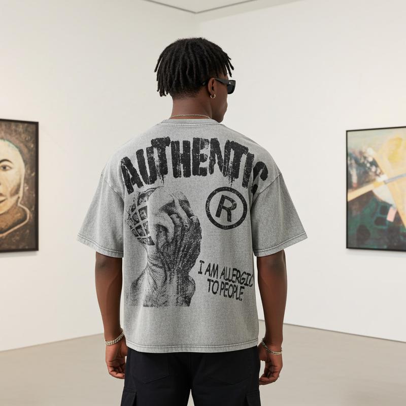 Sopula Studio Men Vintage I Am Allergic To People Graphic Acid Wash Casual Streetwear gray Tshirt