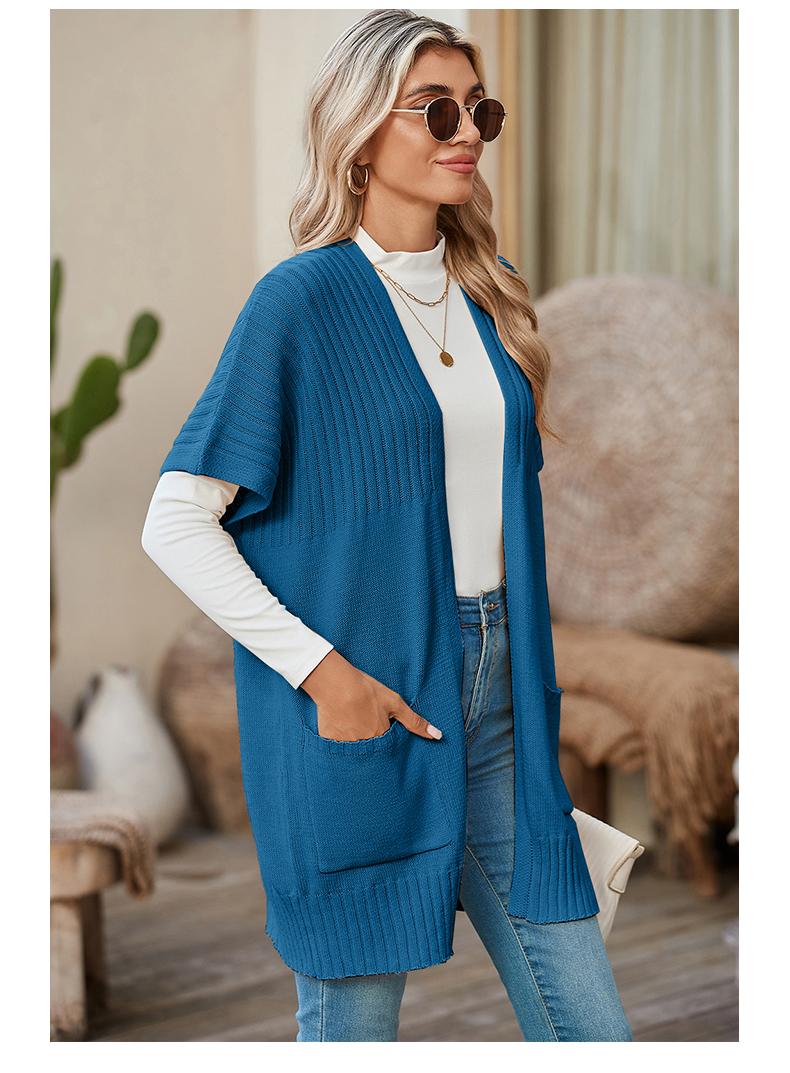 Shewin 2026 Spring Cozy Ribbed Open-Front Cardigan Women's Oversized Short-Sleeve Knit Layering Piece with Pockets for Daily Wear Basic Cotton Blend Shortsleeve SpringStatements