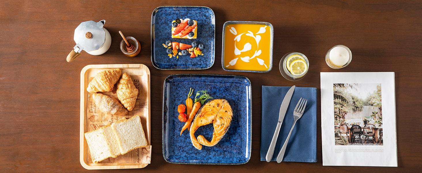 vancasso Stern Blue/Green Dinner Set Square Reactive Glaze Tableware 12/16 Pieces Kitchen Dinnerware Stoneware Crockery Set with Dinner Plate, Dessert Plate, Bowl Service for 4 People Ceramics