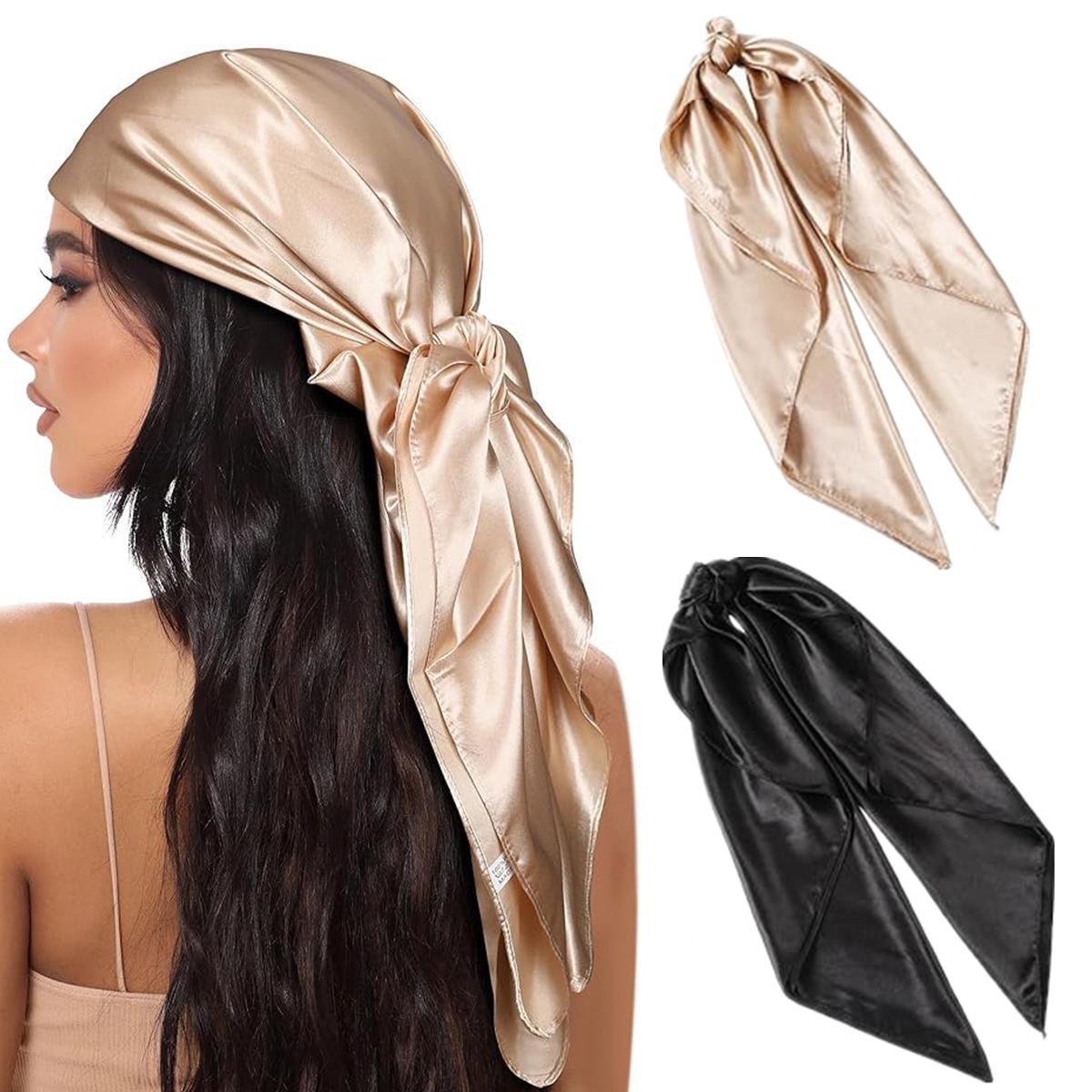 2-piece set 35" Large Square Satin Head Scarf Bandanas silk-like Headband Hair Scarves Bandana Scarf Headscarf Shawls for Women