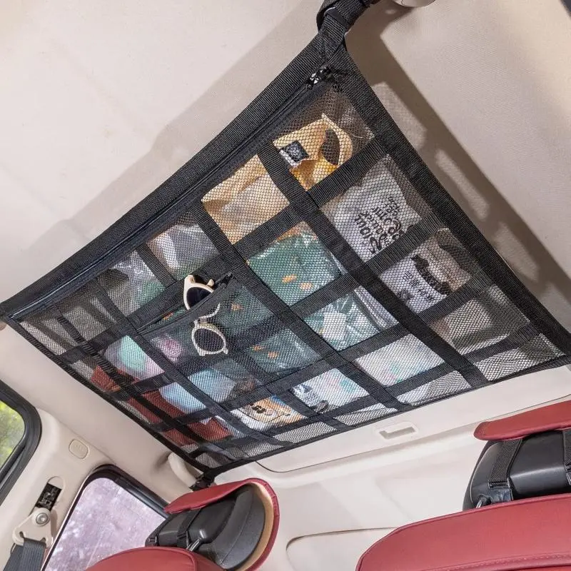 Upgrade Car Ceiling Cargo Net Pocket,31.5"x21.6" Double-Layer Car Roof Storage Organizer,Overhead Net for Truck,SUV & Van Camping,Travel Road Trips,Van Life Essentials