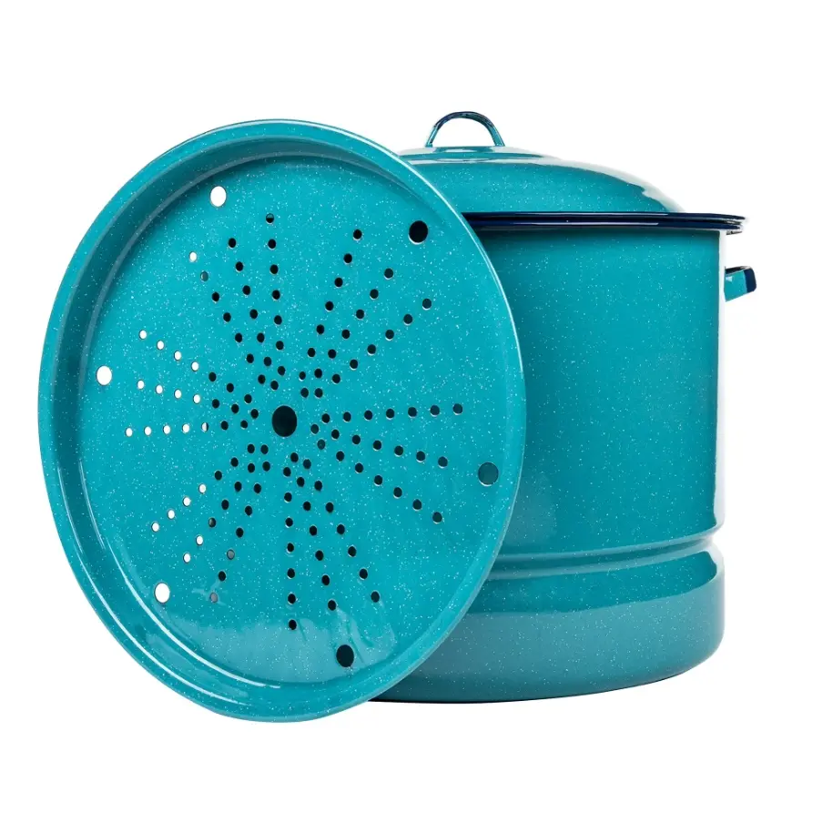 34-Qt High Capacity Enamel-on-Steel Nonstick Thermal Lightweight Steamer Pot with Lid, Trivet, Easy-to-Clean Design - Blue Vegetable Food Home Tamale Steamer, Vegetable Steamer, Food Steamer