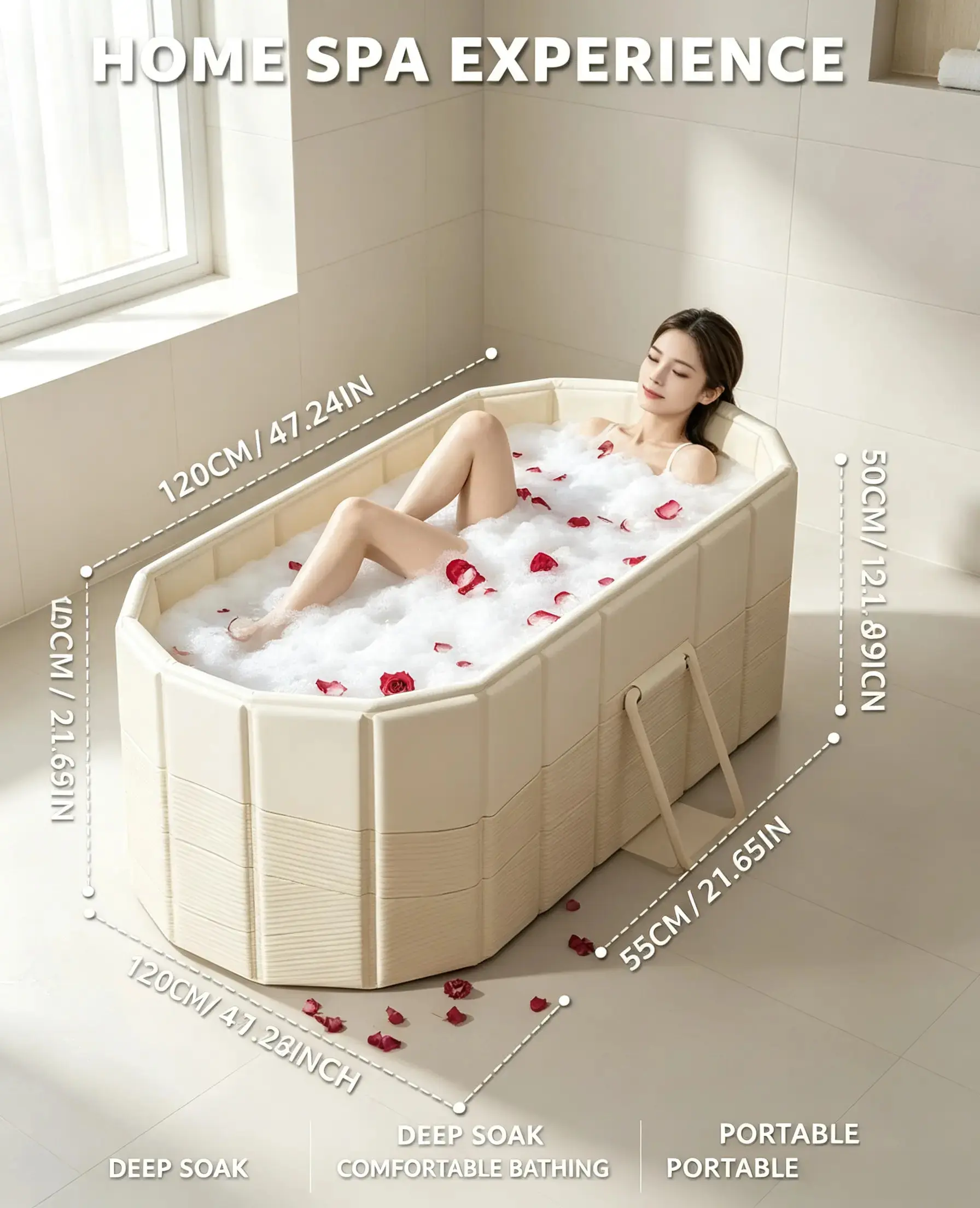 Foldable Portable Soaking Tub, 1.5M Large Capacity Collapsible Bath Tub for Home & Camping, Leak-Proof, Space-Saving Easy Storage, Ideal for Apartment Personal Spa Use Folding Bathtub Deep Soak Tub