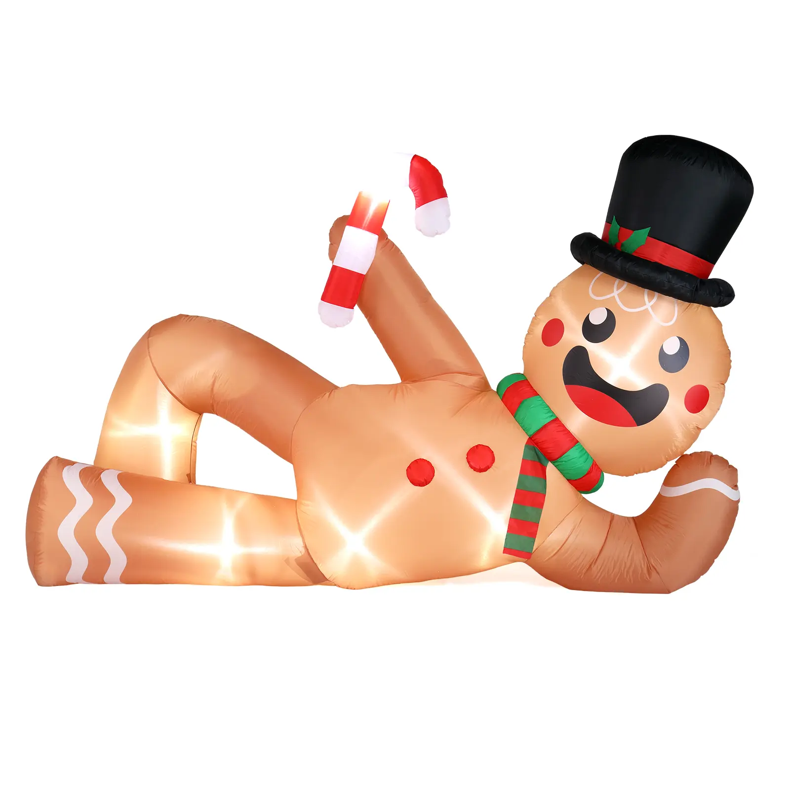 9.8 FT Waterproof Plastic Lighted Christmas Inflatable Backdrop Photo Set - Funny Lying Gingerbread Man Figure with Built-in LED Lights, Magical Hat, Blow-Up Yard Decor for Holiday Party Front Yard