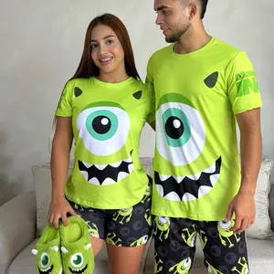Pijama Pareja Verde con Diseño de Ojos Gigantes y Pantalones Cortos para Parejas