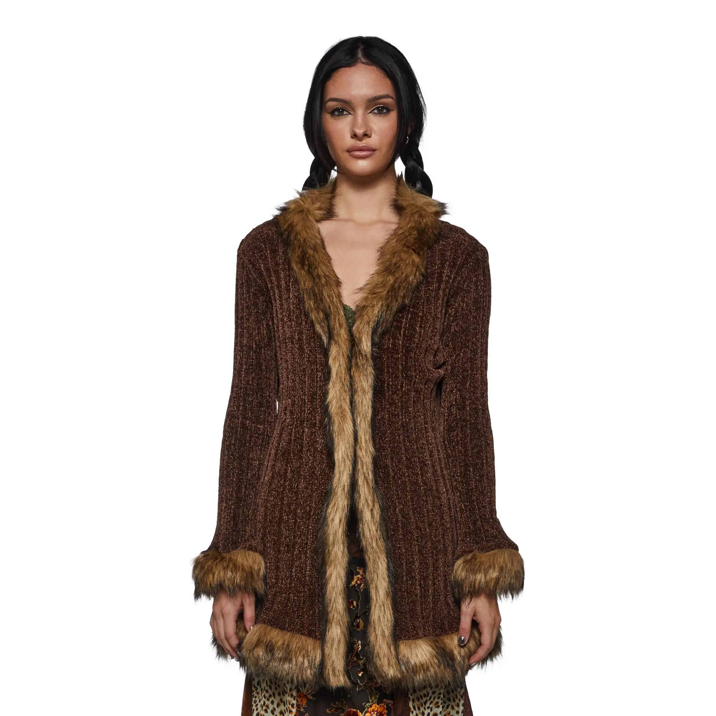 Furry Foe Long Cardigan-Brown