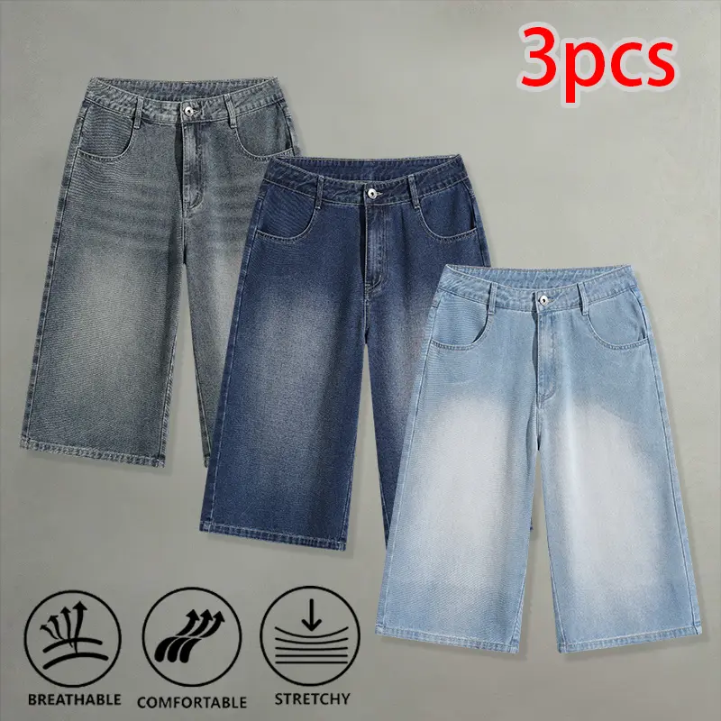 Vintage wide-leg denim capri pants, 3-piece set, stretchy, washed finish, unisex, versatile for campus and outings