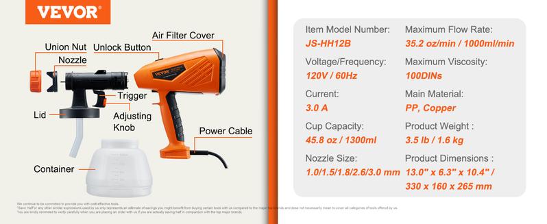 VEVOR Electric Paint Sprayer with 1300ml Container - HVLP Spray Gun with 5 Copper Nozzles - Ideal for Home Interior, TikTokShopBlackFriday, Exterior, House Painting, and Furniture - Includes 3 Spray Patterns