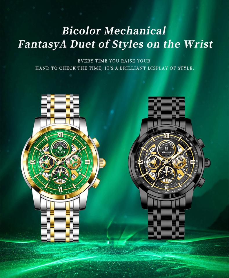 The  men's business fashion watch features an analog quartz movement with a Swiss original core, offering chronograph functionality, luminous display capabilities, and water resistance. Suitable for parties and everyday wear, it also makes an idea