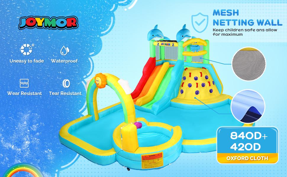 JOYMOR Inflatable Water Slide Bounce House w/Water Bucket, Climbing Wall, Pool, Rainbow Sprinklers, 1min Blow Up Water Slide 10-in-1 for Kids w/Strong Blower, Carrying Bag