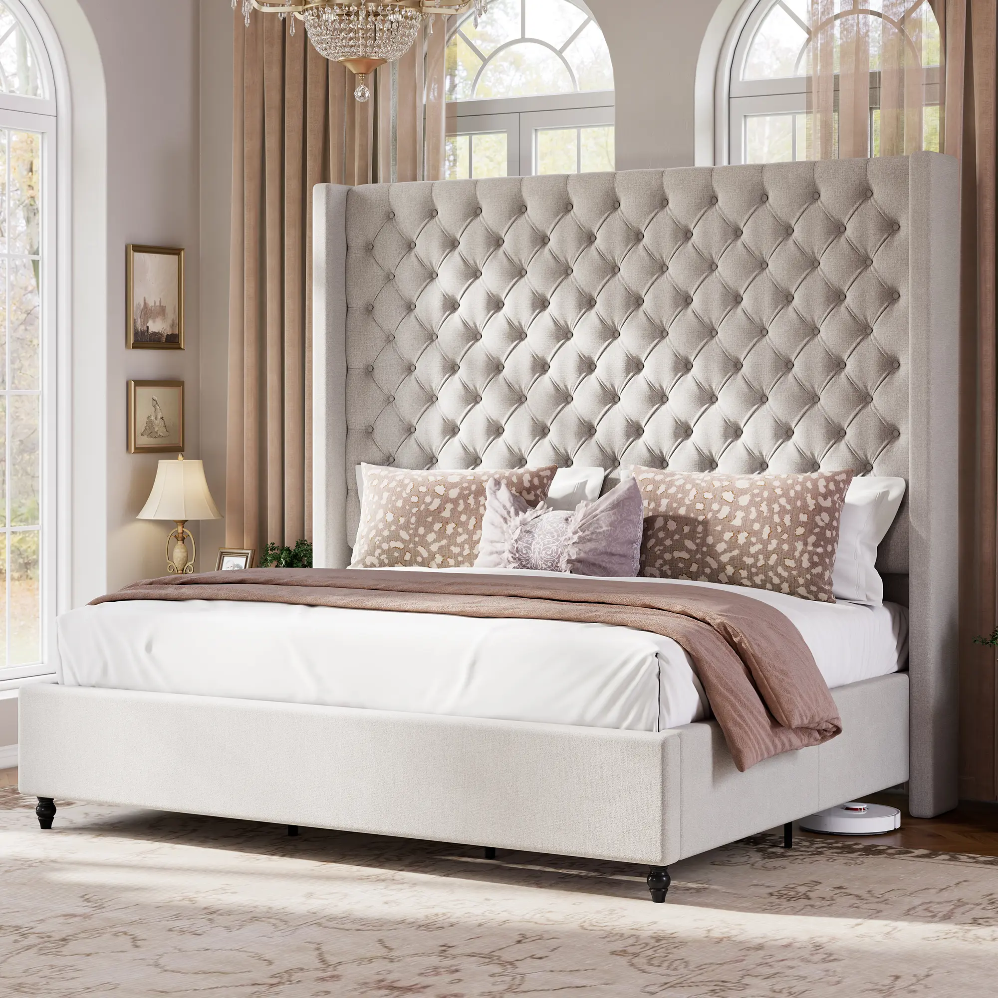 ALBOTT Queen Platform Bed Frame with 65" Tall Upholstered Wingback Headboard, Handcrafted Pleats, Deep Button Tufted, Solid Wood Legs, Modern Bedroom Decor, No Box Spring Needed, Requires Assembly, Cream/White/Grey[tiktokshopbacktoschool][SohoChic]