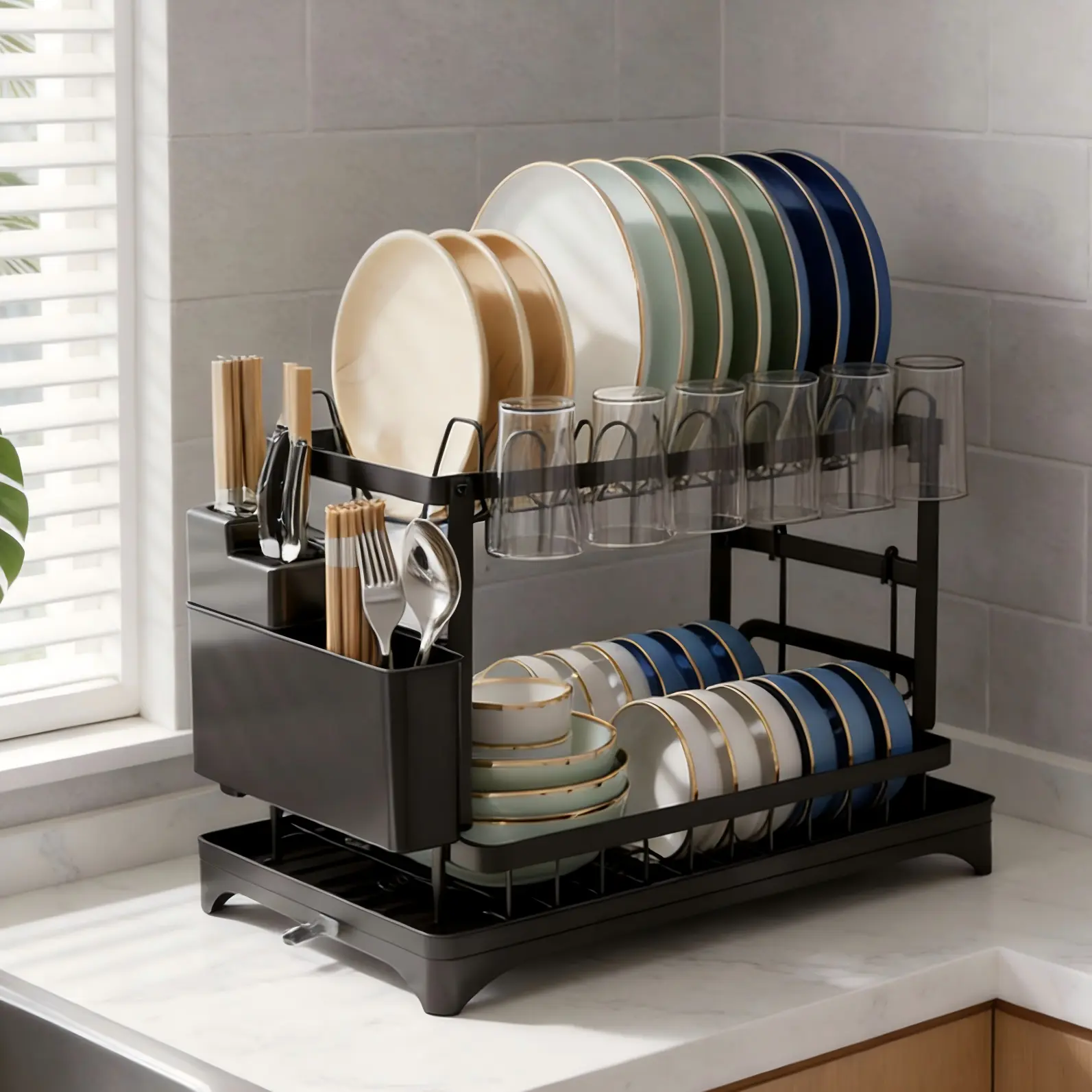 Minimalist 2-Tier Rustproof Metal Kitchen Dish Drainer Rack with Drainboard, Large Capacity, Space-Saving Countertop Organiser, Utensil & Cup Holder