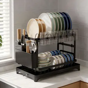 2-Tier Dish Drainer with Drainboard, Rustproof Metal, Large Capacity, Utensil & Cup Holder for Countertop/Sink