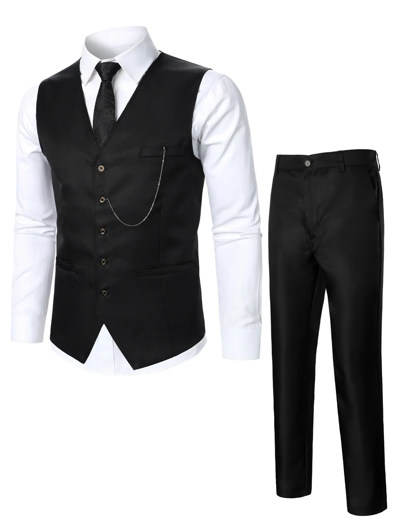 Men's Vest and Pants Set, Sleeveless, Elegant Matching, Stylish Metal Chain Accessories, Business and Formal Wear, Custom Fit, Comfortable and Fashionable, Formal Business Suit, Formal Attire, Exquisite Suits