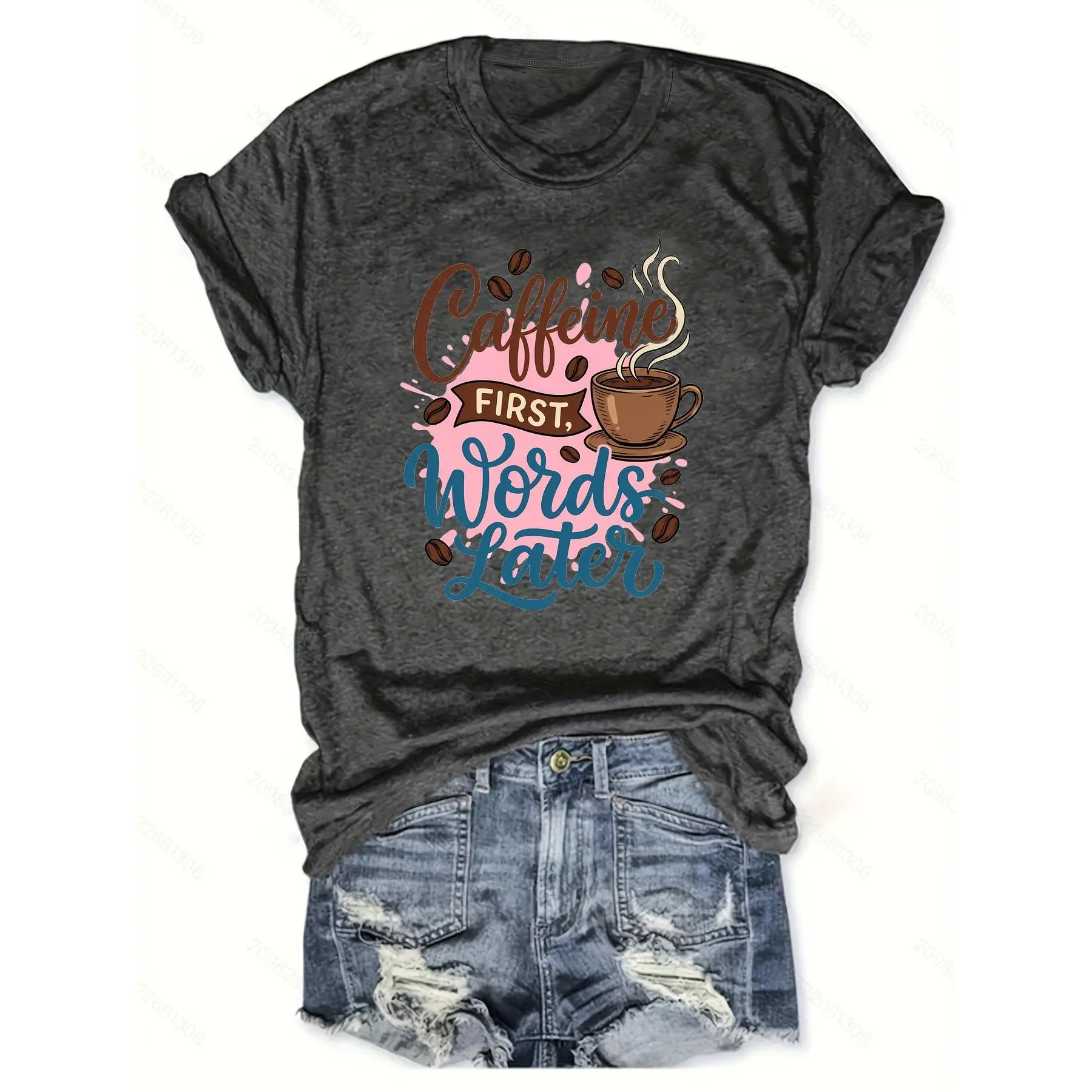 Women's "Caffeine First Words Later" Graphic T-Shirt - Gray Coffee-Themed Top, Casual Comfortable Fit, Funny Design, Plus Sizes Available, Gift for Coffee Addicts, Tshirt