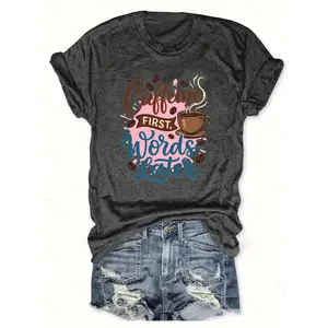 Caffeine First Words Later T-Shirt, Gray Coffee Tee, Funny Graphic Print, Casual Style Top, Comfortable Fit, Available in Plus Sizes, Gift for Coffee Addicts, Trendy Design, Coffee Themed Shirt, Daily Outfit