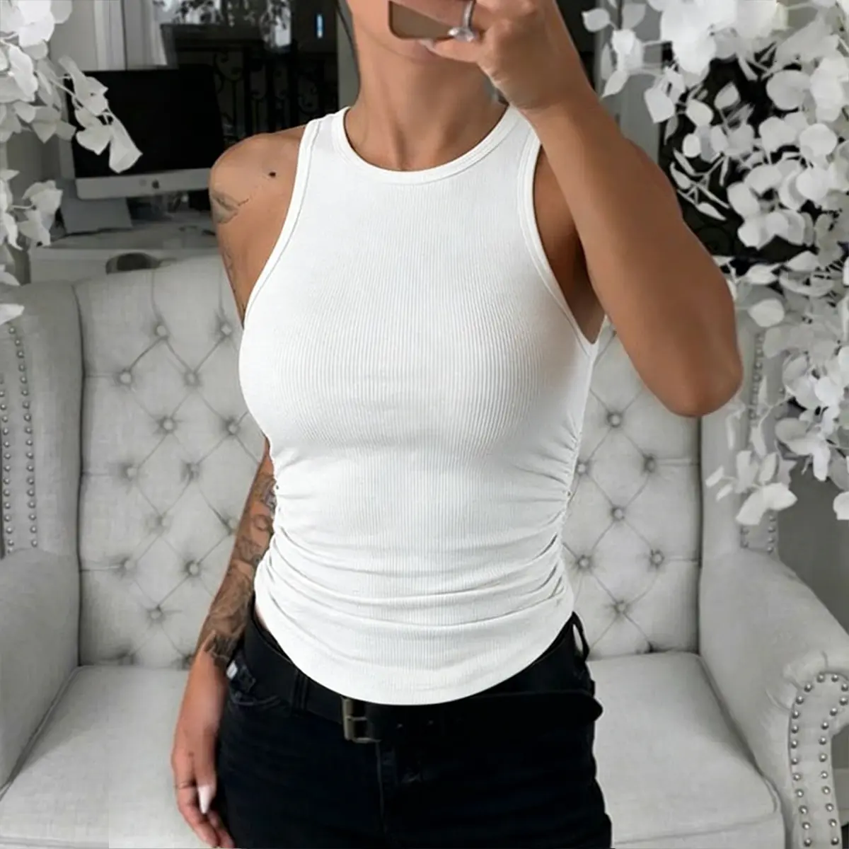 CHICME Women's Round Neck Sleeveless Side Ruched Tank Slim Fit Ribbed Racerback Tank Top