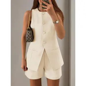 Women's 2025 Summer 2pcs Short Sets Sleeveless Crew Neck Suit Vest Tops High Waist Shorts Business Outfits Pants Clothes