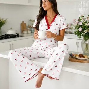 FEITAI Women's 2-Piece Cherry Pajama Set - Short Sleeve Button-Down Sleepwear, Soft Fabric, Loose Fit, Lace-Trimmed Bottoms, Comfortable Lounge Wear Loungewear Cute Red