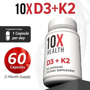 10X Health Vitamin D3 5000 IU & K2 MK7 - Menaquinone 7, High-Potency D3 K2 Vitamin Supplement for Bone Health, Heart and Teeth - 125 mcg Vitamin D & 90 mcg Vitamin K2-60 Capsules