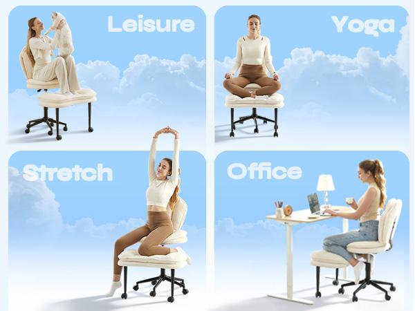 Pinmoco Cloudy Ergonomic Cross Legged Swivel Chair - Adjustable Height, Teddy Fabric, Cloud Comfort Pet-Friendly Desk Chair with Full Lumbar Support, Extra Wide Seat, Versatile for Home & Office Use