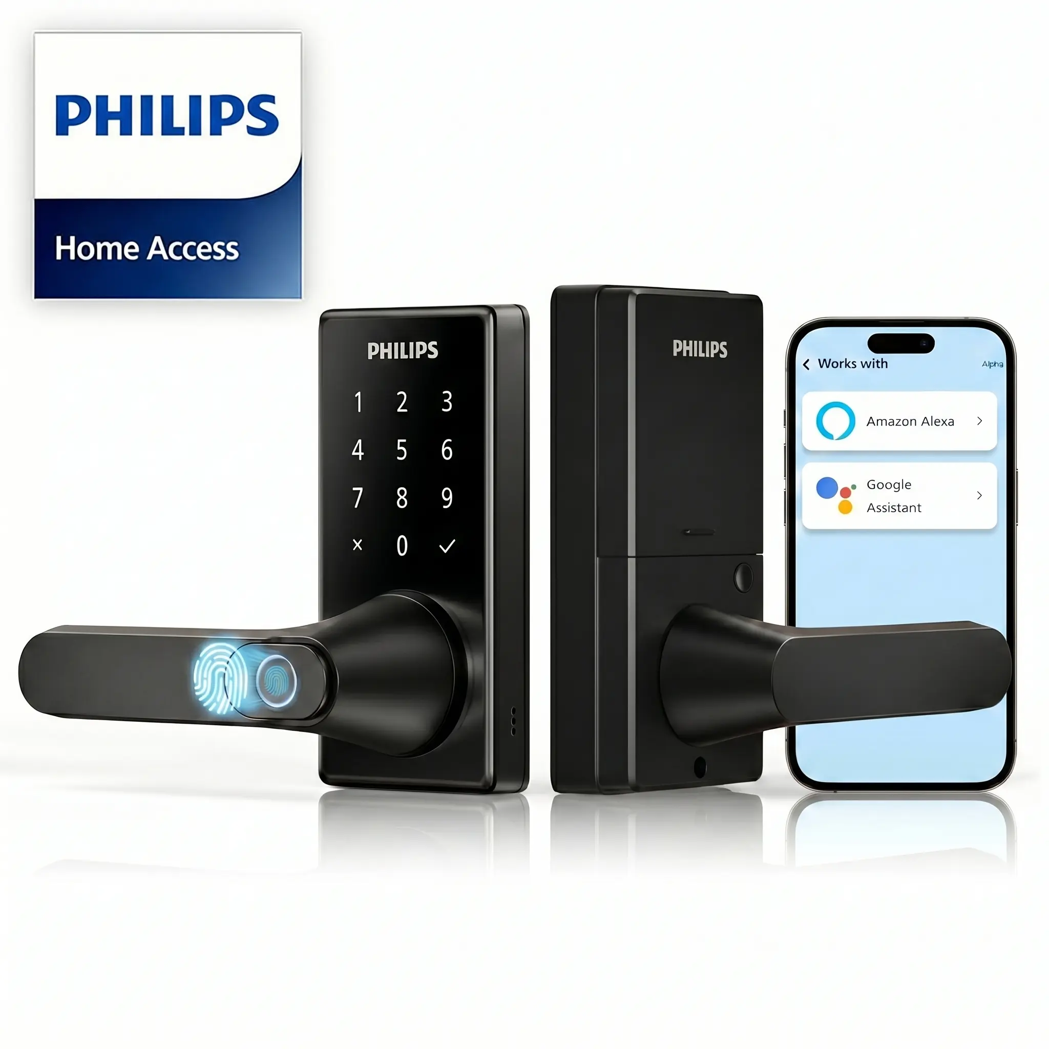 Philips Wi-Fi Smart Door Lock with Handle, Keyless Entry Door Lock, Fingerprint Door Knob, App Remote Control, Auto-Lock, Keypad Deadbolt with Lever for Front Door and Bedrooms, Security Easy Install