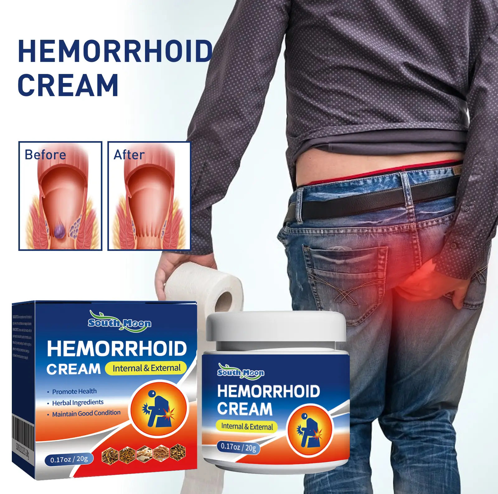 South Moon Anal Ointment - For Internal, External & Mixed Conditions, Repairs Swelling, Relieves Itching & Pain, Eliminates Lumps