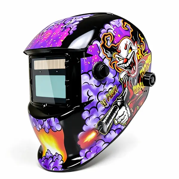Auto Darkening Solar Powered Welding Helmet, Adjustable Shade DIN 9-13 Welder Mask Hood with Dual Arc Sensors & Test Function True Color 1/1/1/2 Optical Clarity for ARC TIG MIG Grinding Work, Lightweight Clown Graffiti Pattern Welding Protective Mask, Aut