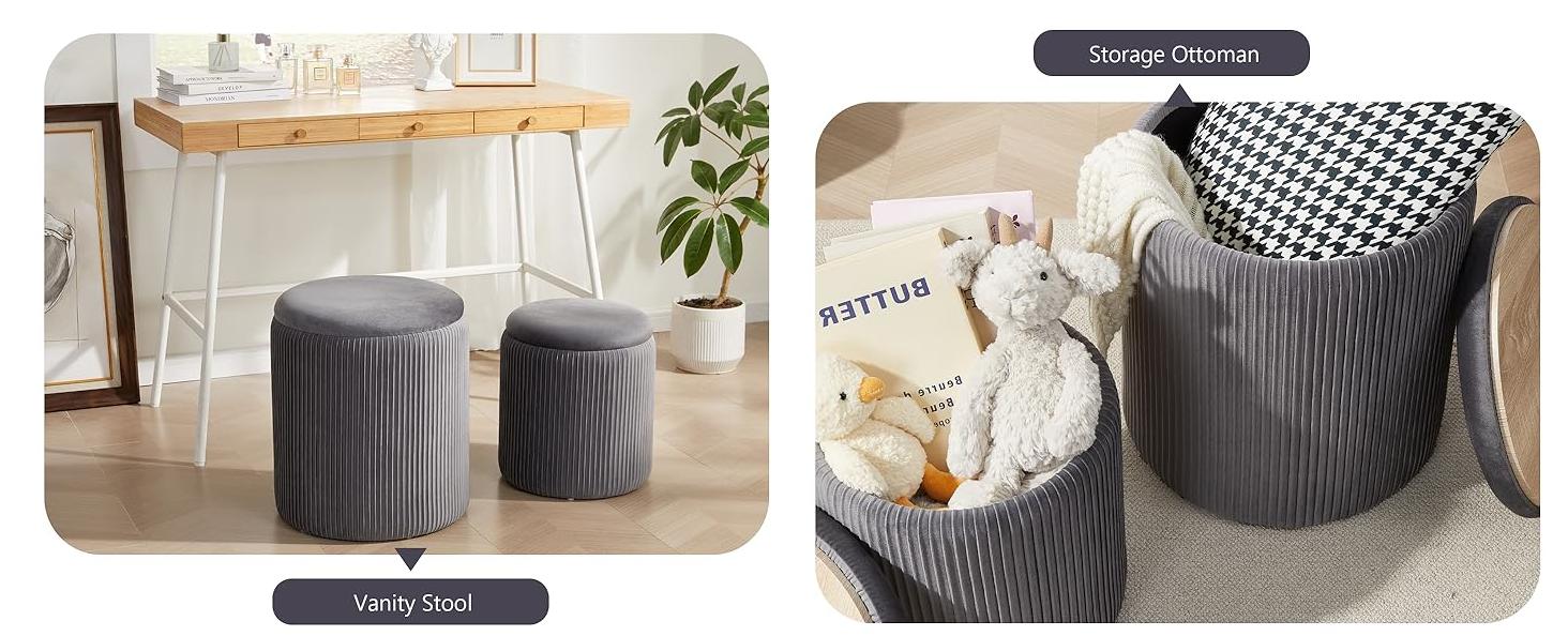 Tekinor Round Ottoman with Storage Set of 2, Vanity Stool with Storage for Bedroom, Ottoman Coffee Table,Small Velvet Foot Stool for Living Room, White