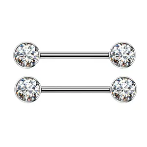 Internally Threaded Bezel Set Crystal Nipple Barbells - Implant Grade Titanium - Pair
