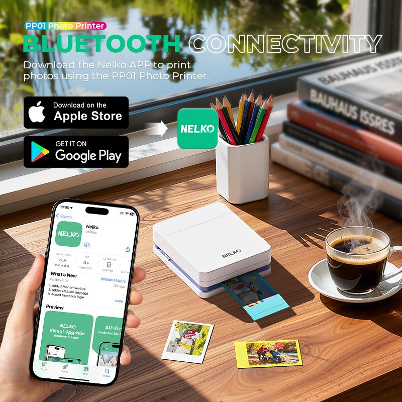 PP01 Portable Mini Color Wireless Mobile Printer, Instant Smartphone Photo Printer, Sticky-Back Photos, Bluetooth Compatible with iOS & Android Devices, Fun Editing App, Perfect Gift For Valentine's Day