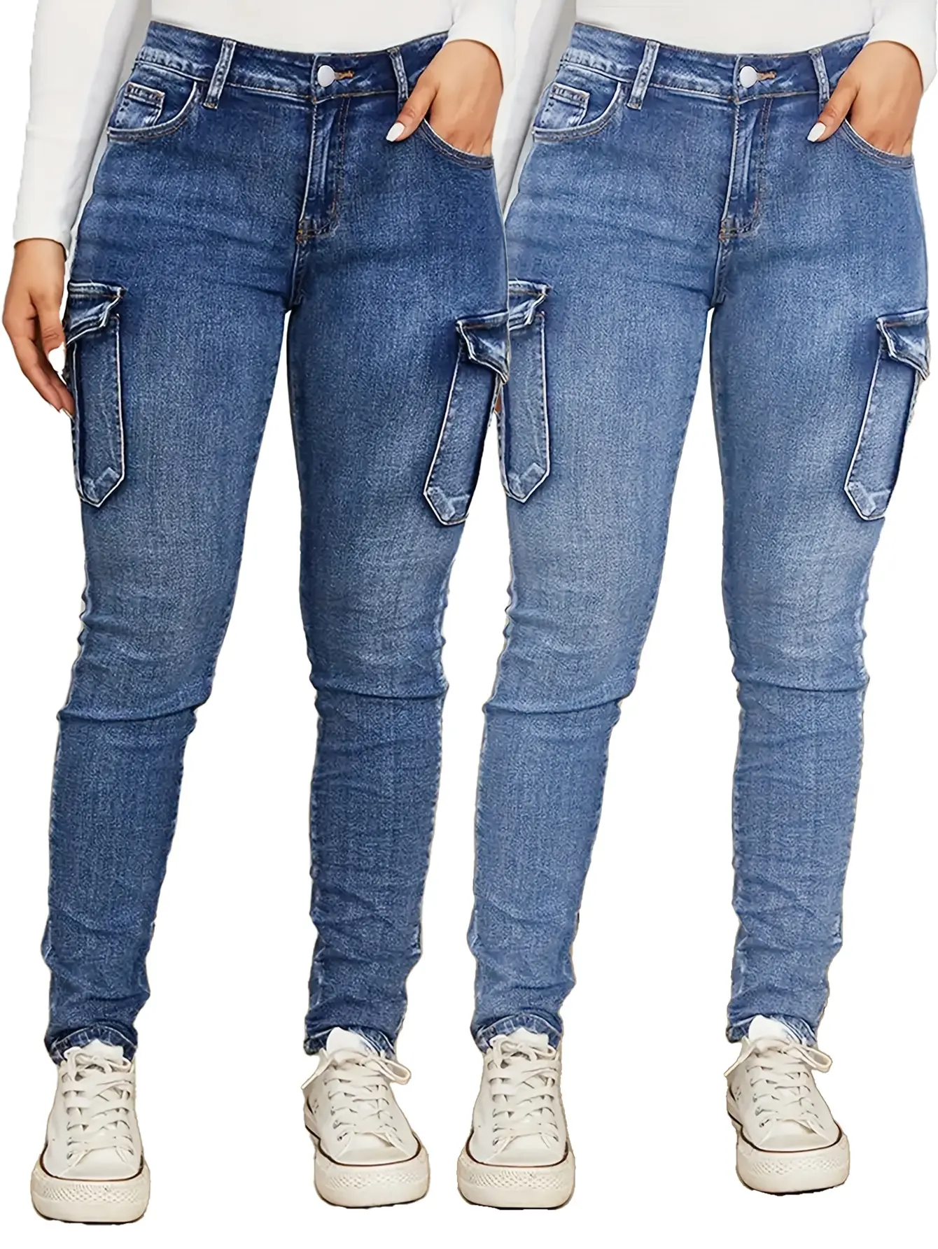 Women's Low-Rise High-Stretch Slim-Fit Cotton Denim Blend Cargo Jeans - Zipper-Button Front, Full Belt Loops, H-Type, All-Season, Pleated Side Pockets, Natural Faded Whisker Detailing, Casual Streetwear Bottoms, Hang-Dry Compatible, Lady, Stretchy Denim S