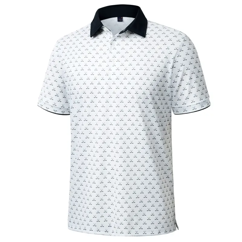 Alimens&Gentle Men's Contrast Collar Short Sleeve All Over Printed Polo Shirt, Dry Fit Moisture Wicking Stretch Collared Business Casual Shirt