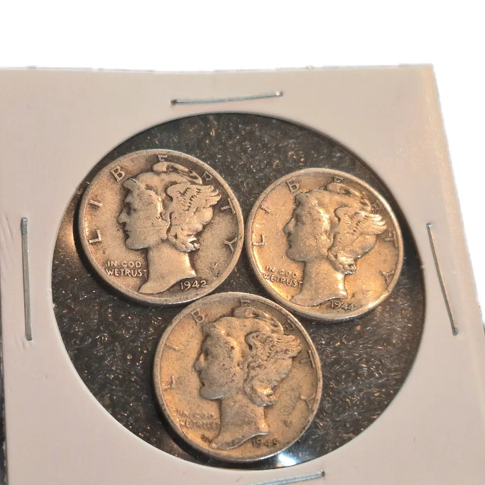 set of 3 silver vintage us mercury dimes 1940-1945 circulated