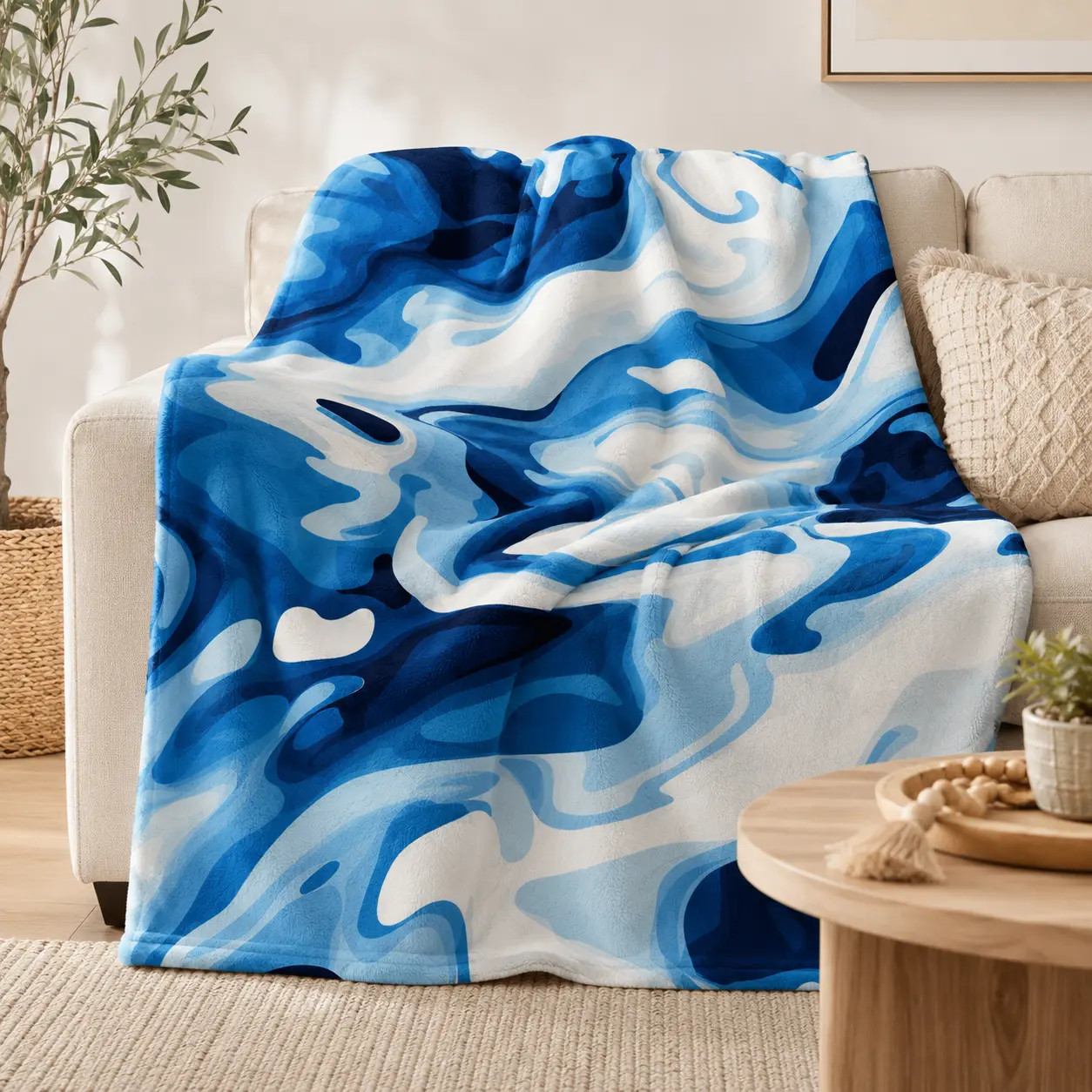 Blue White Marble Swirl Abstract Liquid Art Flannel Throw Blanket, Lightweight Soft Fuzzy Plush Blanket for Sofa Couch Bed, All Season Cozy Warm, Modern Trendy Aesthetic Gift, Cool Ocean Tone Fluid Abstract Pattern Dorm Bedroom Living Room Home Decor