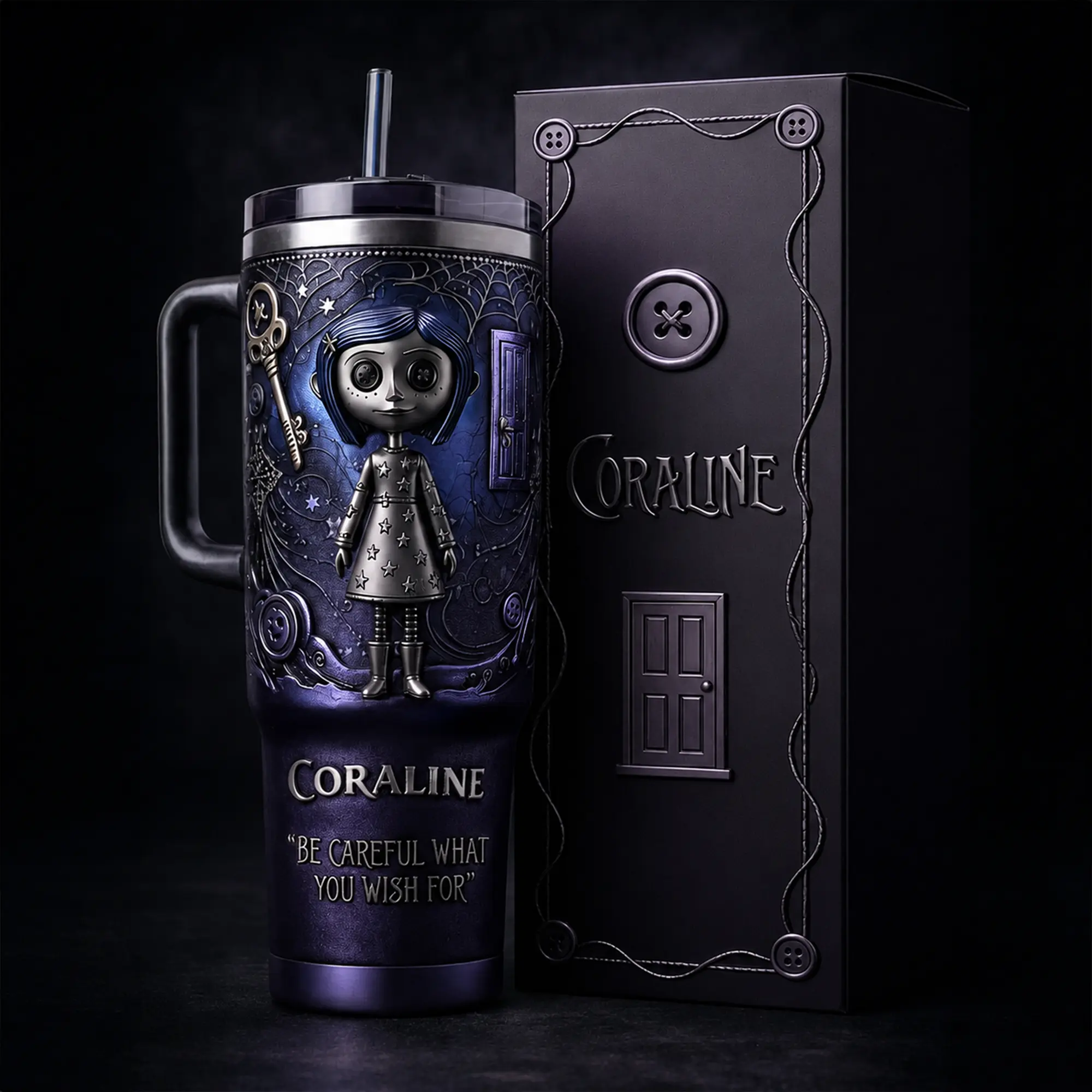 Coraline 40oz 20oz Tumbler, High-Quality Insulated Tumbler, Dark Fantasy Animated Movie Theme Cup With Handle, Curious Blue-Haired Heroine Fan Gift, Spooky Adventure Inspired Merch, Leakproof Travel Tumbler.