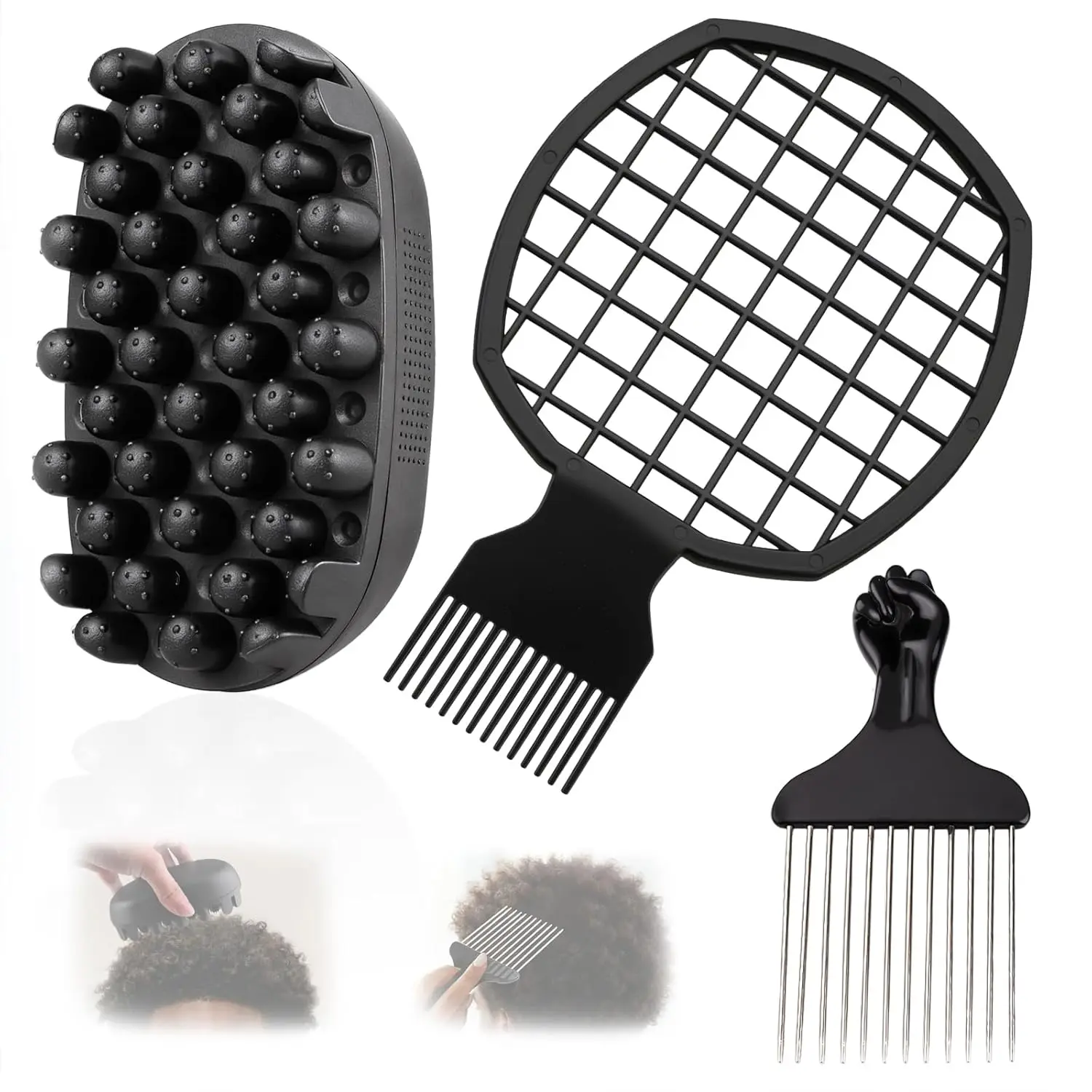 Men's 3Pcs Freeform Twists Hair Styling Kit - Silicone Curling Brush, Metal Afro Pick Comb, Durable Washable Curl Sponge - Gift for Black Men with Natural Hair, Dreadlocks, Coils