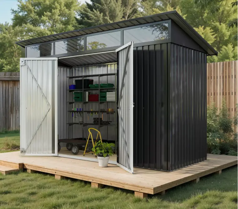 YITAHOME 9x4ft Galvanized Steel Outdoor Tool & Gear Storage Shed, 162CuFT Heavy-Duty Weatherproof Roof Garden Storage House Without Floor, Shed Outdoor Storage