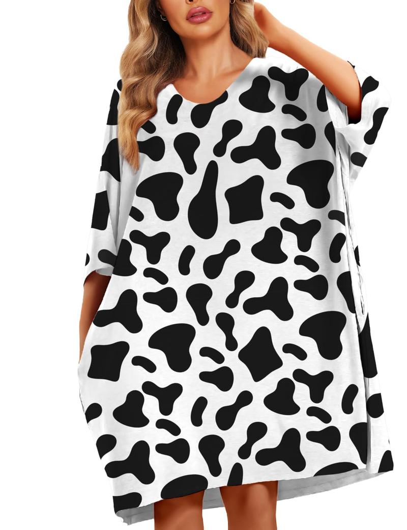 KFUBUO Plus Size Nightgowns for Women Oversized Sleep Shirts Bamboo Viscose Sleep Tee Short Sleeves Print Sleepwear With Pocket  Comfortable Cute Fits S-5XL Pajamas  Loungewear Soft Stretchy