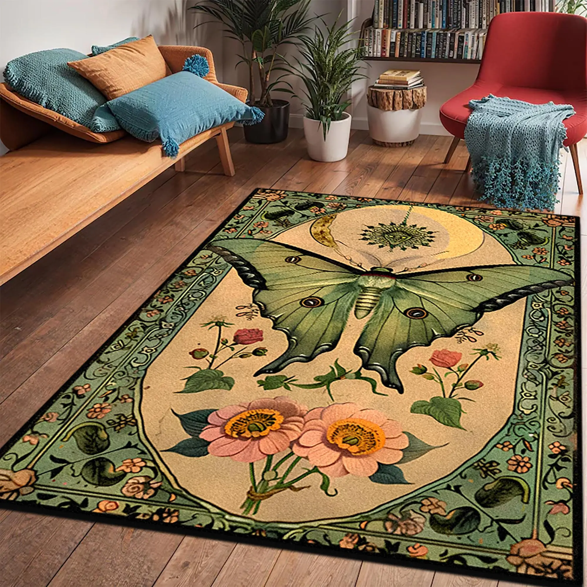 Vintage Butterfly & Flower Pattern Rug, Butterfly Area Rug, 1 Count Non-slip Soft Floor Mat, Decorative Carpet for Home Living Room Bedroom, Vintage Rugs, Unique Rugs, Floral Insect Rug, Anti Slip Rugs, Machine Washable Area Rugs, Home Decor Accessories